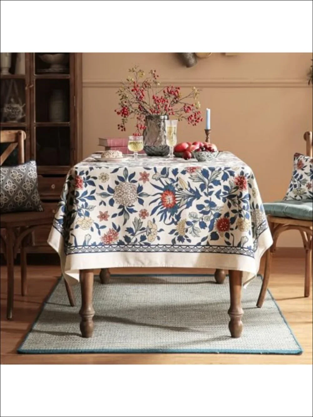 Vintage French Linen Tablecloth Square 55x55 Floral Dining Decor